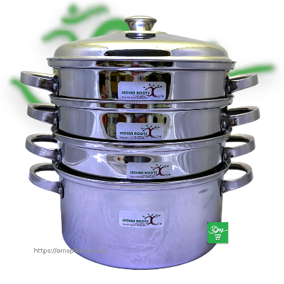 Indian Root Momo Steamer 26cm Diameter 30cm Height - 3 Layers - Stainless Steel - Buy Online Australia | Om Spice & Grocery